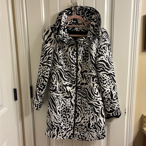 Samuel Dong Black White Shimmer Zebra Print Trench Coat size XS Ruffle Collar